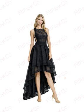 Gracia Black Lace High Low Dress Sheer Mesh Open Side Tiered Formal Cocktail M